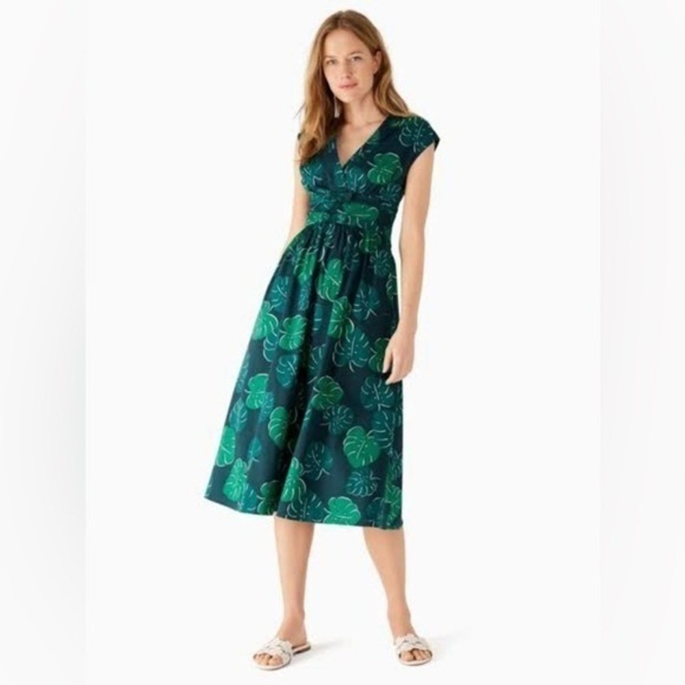 Kate Spade Monstera Leaves Poplin Bow Midi Dress size 14